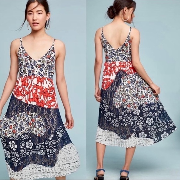 Anthropologie Dresses & Skirts - Anthropologie Maeve Isa Midi Pleated Skirt Lace Dress Red Blue Multi Size 10